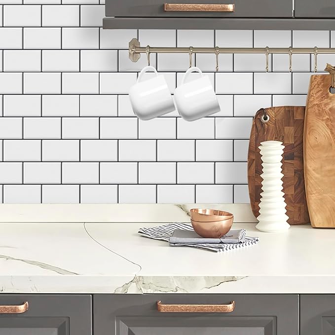 DÉCOR WOW Peel & Stick Backsplash for Kitchen & Bathroom White Subway with Grey Grout, 1 sq ft (8-Pack)
