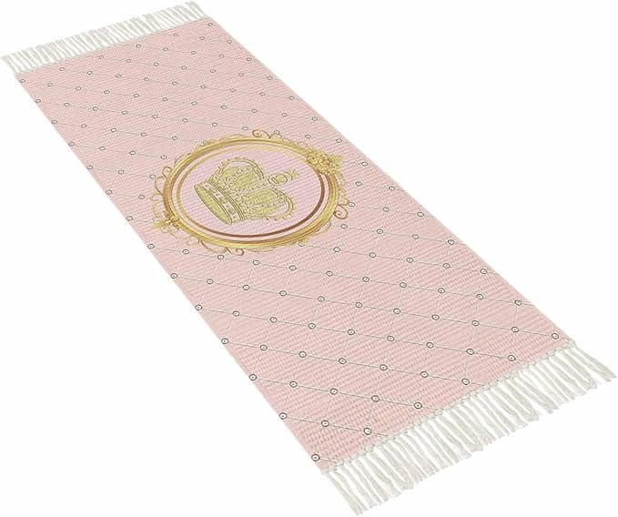 Kitchen Runner Rugs, Golden Crown Queen Pink Lattice 2'x5' Throw Rug with Tassels, White Dot Washable Soft Floor Carpet Runner for Hallway Bedroom Bathroom Laundry Room