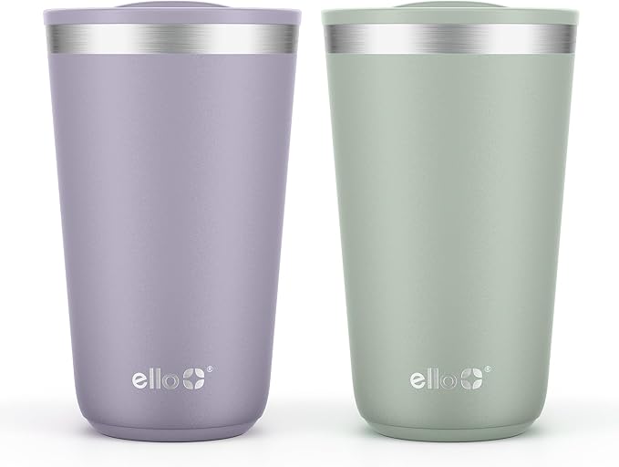 Ello 2 Pack 16oz Stainless Steel Stacking Cups with Easy Press Lids | Pint Size Reusable Tumblers for Parties, Home, Camping, Outdoor | Keeps Cold for 16 Hours, Dishwasher Safe | Soft Plum & Sage