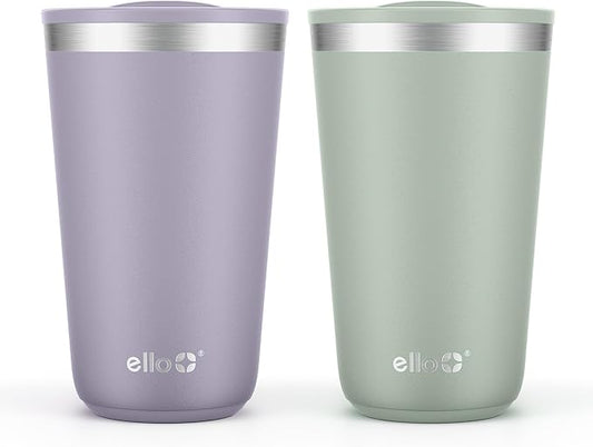 Ello 2 Pack 16oz Stainless Steel Stacking Cups with Easy Press Lids | Pint Size Reusable Tumblers for Parties, Home, Camping, Outdoor | Keeps Cold for 16 Hours, Dishwasher Safe | Soft Plum & Sage