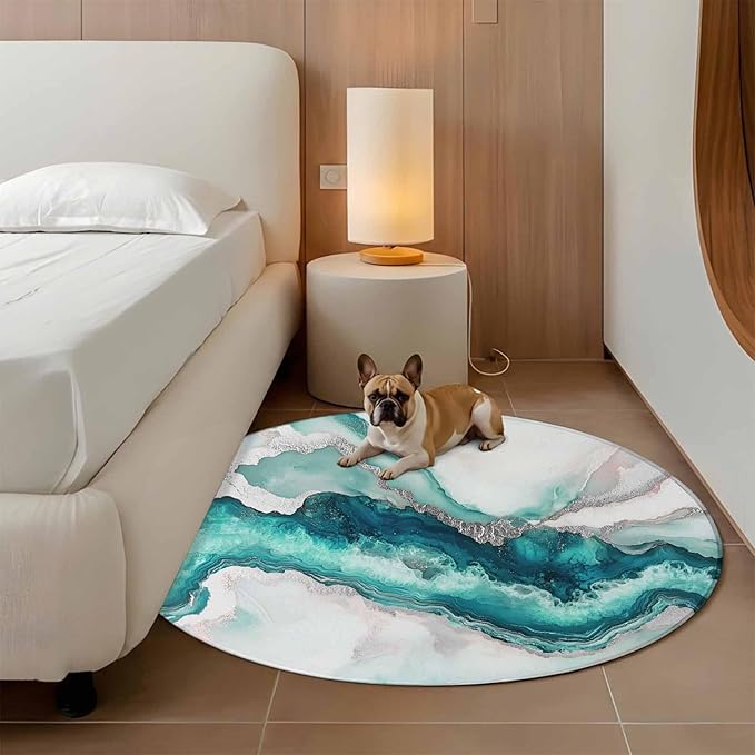 Washable Round Area Rug Abstract Blue Marble Texture Circle Rugs Floor Carpet for Living Room Bedroom, Modern Luxury Pattern Soft Non Slip Round Rug 4ft