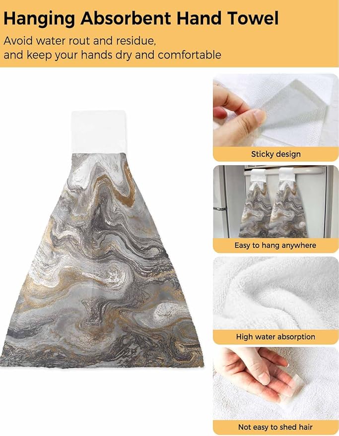 Alandar Home Kitchen Tie Towel Set of 2, Abstract Black Grey Marble Texture Absorbent Soft Hand Towels for Bathroom Hanging Towels, Modern Fluid Art Fast Drying Cleaning Cloth with Loop