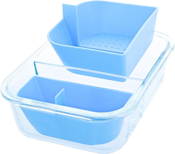 Two Compartment Borosilicate Glass Container Cleaning Tool with Sealable Lid (Arctic Blue)