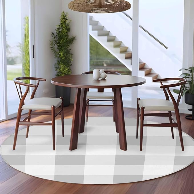 Washable Round Area Rug Light Grey White Plaid Circle Rugs Floor Carpet for Living Room Bedroom, Farmhouse Decoration Buffalo Check Soft Non Slip Round Rug 5ft