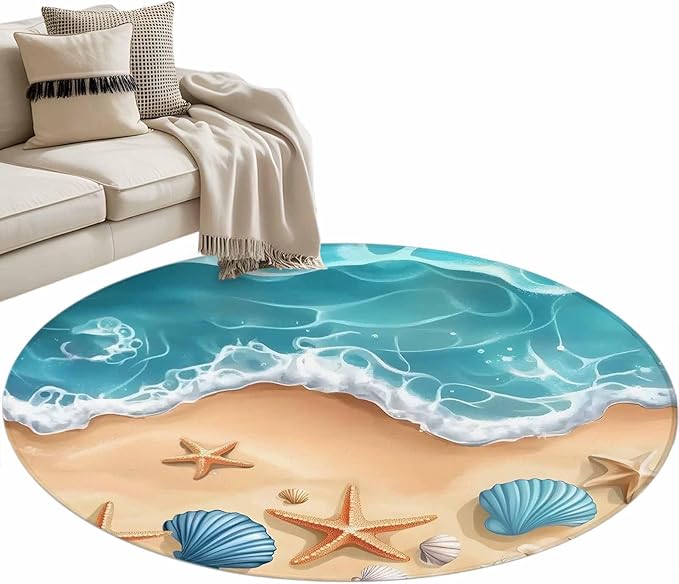 Washable Round Area Rug Summer Beach Shell Starfish Circle Rugs Floor Carpet for Living Room Bedroom, Marine Life Cartoon Style Soft Non Slip Round Rug 3ft