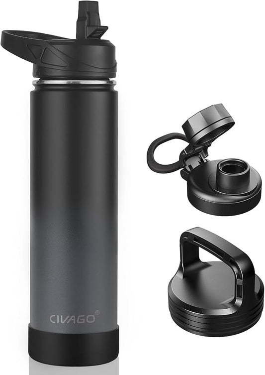 CIVAGO 24 oz Insulated Water Bottle With Straw, Stainless Steel Sports Water Cup Flask with 3 Lids (Straw, Spout and Handle Lid), Wide Mouth Travel Thermal Mug, Classic Omber Gray