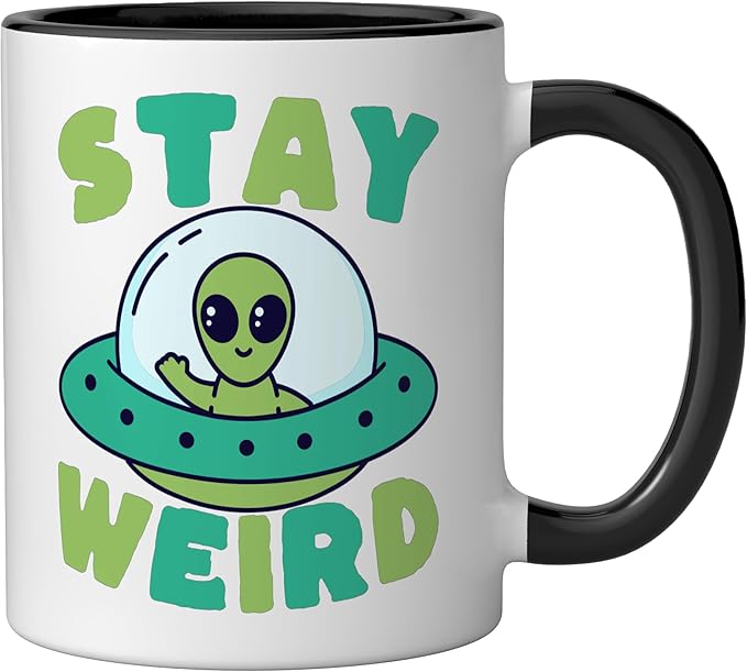 Cute Alien Stay Weird UFO Extraterrestrial Space Ceramic Mug, Black/White