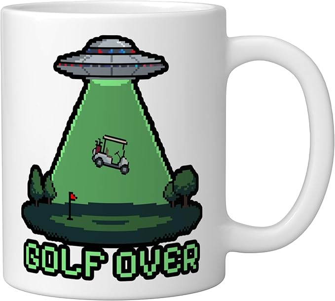 Retro Funny GOLF OVER Pixel Art UFO Abducting Golf-Cart Ceramic Mug, White