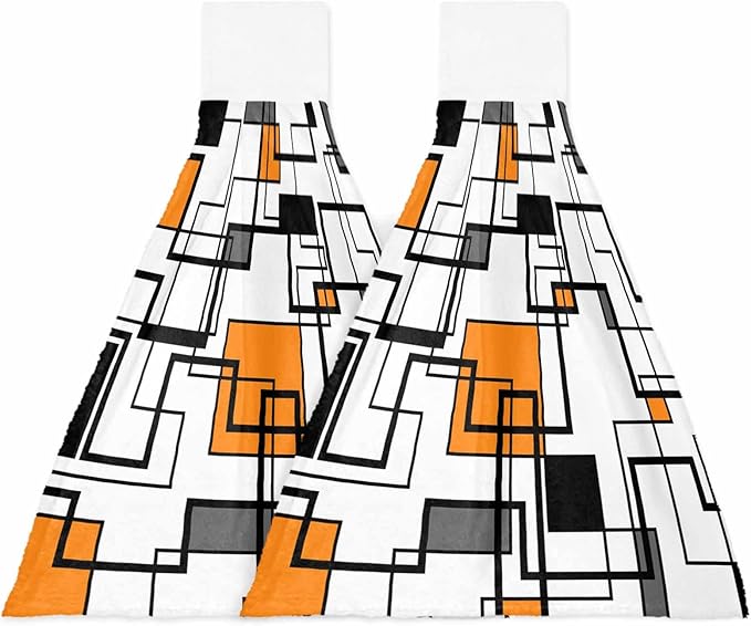 Alandar Home Kitchen Tie Towel Set of 2, Orange Black Geometric Lines Art Absorbent Soft Hand Towels for Bathroom Hanging Towels, Abstract Color Block Fast Drying Cleaning Cloth with Loop