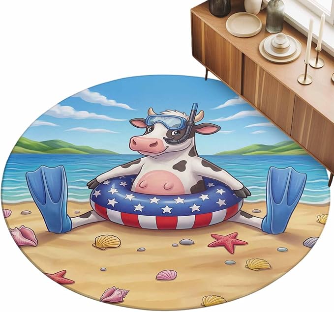 Washable Round Area Rug Summer Beach Snorkeling Cow Circle Rugs Floor Carpet for Living Room Bedroom, Ocean Starfish Funny Animal Art Soft Non Slip Round Rug 5ft