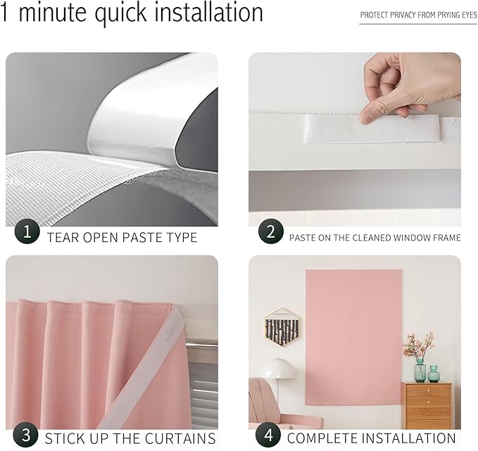 Self Adhesive Curtains, Stick Curtain Blackout Shades Window Cover Curtains for Living Room No Drilling, 59" W X 96" L, Pink, 1 Panel