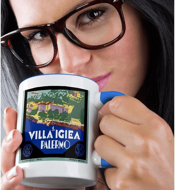 3dRose Vintage Villa Igiea Palermo Italy Luggage Label 15oz Two-Tone Blue Mug