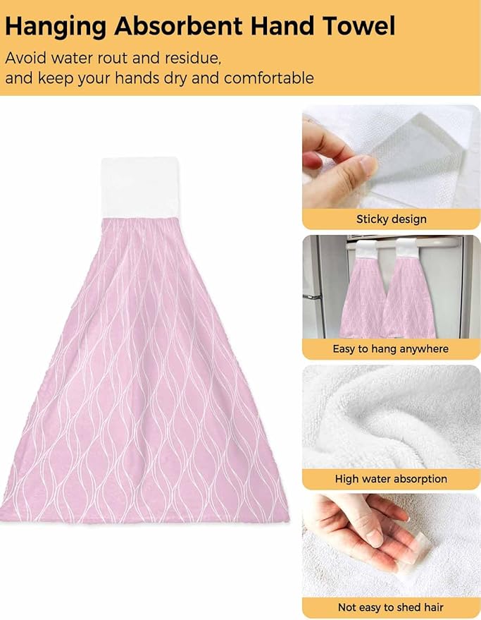 Alandar Home Kitchen Tie Towel Set of 1, Abstract Long Waves on Pink Absorbent Soft Hand Towels for Bathroom Hanging Towels, Modern Geometric Art Fast Drying Cleaning Cloth with Loop