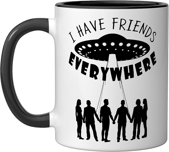 I Have Friends Everywhere UFO Silhouette Graphic Ceramic Mug, Black/White