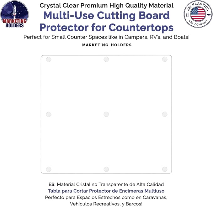Clear Acrylic Flat Cutting Board 12" x 12" Countertop Charcuterie Chopping Block and Several Rubber Bumpers for Hotels Home Kitchens and Restaurants by Marketing Holders