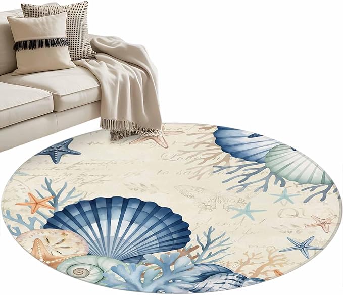 Washable Round Area Rug Summer Blue Shells Starfish Circle Rugs Floor Carpet for Living Room Bedroom, Vintage Coral Shells Fish Soft Non Slip Round Rug 4ft