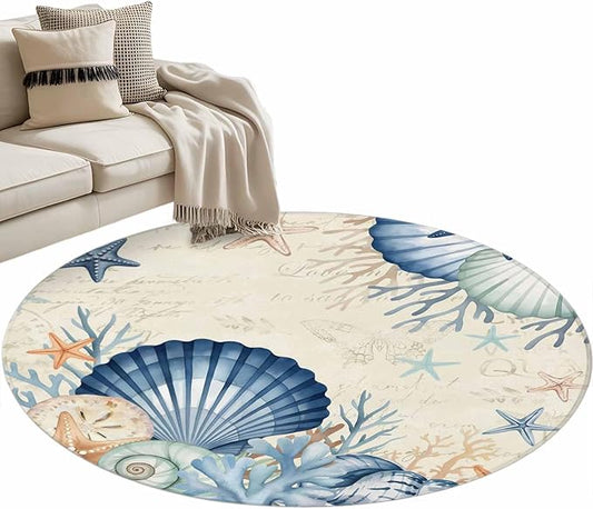 Washable Round Area Rug Summer Blue Shells Starfish Circle Rugs Floor Carpet for Living Room Bedroom, Vintage Coral Shells Fish Soft Non Slip Round Rug 4ft