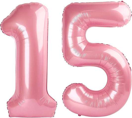 15 Balloon Number, Pink Balloon Numbers for Girls Boys Happy Birthday Decorations, 40 Inch for 15 51 Graduation Wedding Anniversaries Party