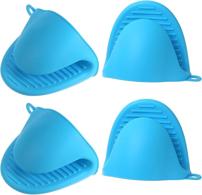 HARFINGTON 4pcs Thickened Mini Oven Gloves, Heat Resistant Silicone Oven Mitts Finger Pinch Grips Pot Holder for Kitchen, Cooking, Baking, BBQ Heat Resistant Gloves, Blue