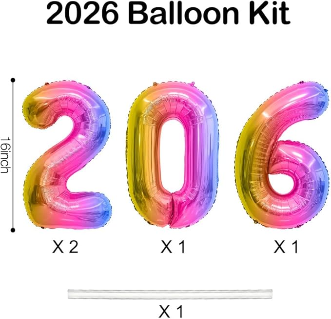 2026 Balloons, 2026 Number Balloons, 2026 Gradient Balloon, Foil Happy New Year Balloon for New Year Eve Party Supplies Graduation Decorations Anniversary Birthday Home Office Decorations, 16 Inch