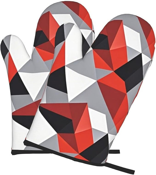 Red Black Gray Geometric Oven Mitts of 2-Pack Set, Funny Kitchen Gloves Heat Resistant Non-Slip Kitchen Mitts for Cooking Baking Grilling