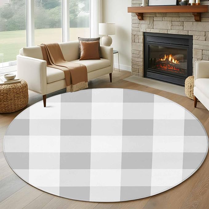 Washable Round Area Rug Light Grey White Plaid Circle Rugs Floor Carpet for Living Room Bedroom, Farmhouse Decoration Buffalo Check Soft Non Slip Round Rug 5ft