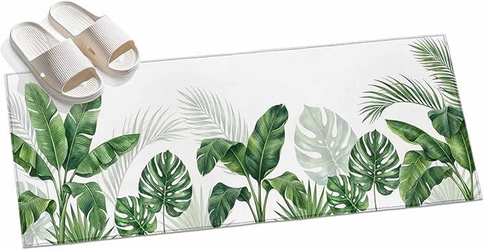 Runner Rug for Bedroom Hallway, Watercolor Green Tropical Leaves Kitchen Runner Rugs Area Rug 2x6ft, Botanical Palm Leaf Plants Washable Soft Floor Carpet for Entryway Stair
