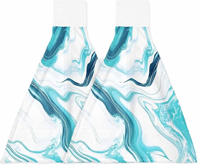 Alandar Home Kitchen Tie Towel Set of 2, Abstract Blue Gradient Marble Absorbent Soft Hand Towels for Bathroom Hanging Towels, Ombre Water Ripple Fast Drying Cleaning Cloth with Loop