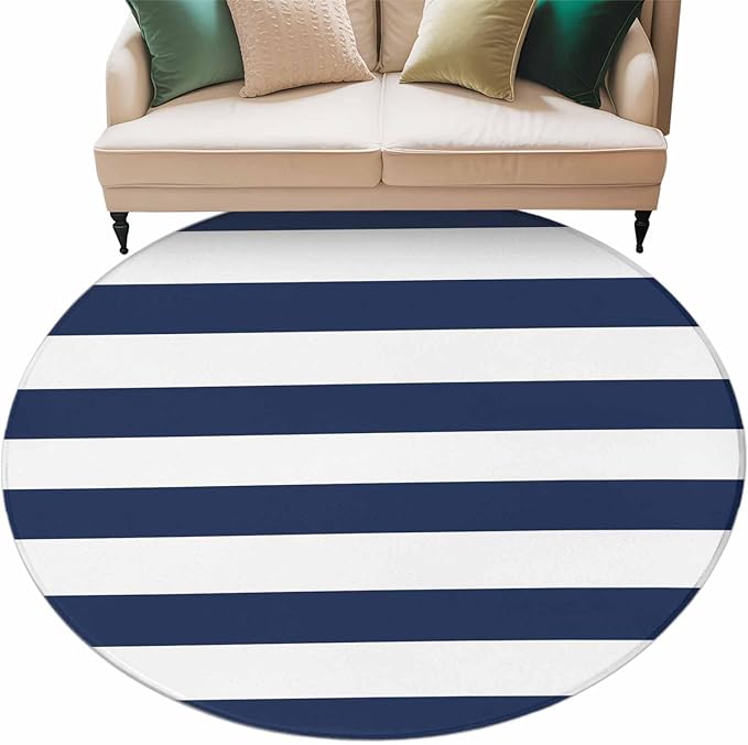 Washable Round Area Rug Nautical Black and White Stripes Circle Rugs Floor Carpet for Living Room Bedroom, Striped Soft Non Slip Round Rug 5ft