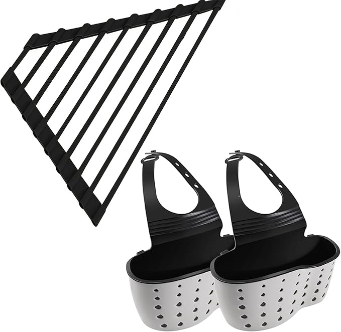 2 Sink Caddy Sponge Holder & 1 Triangle Roll-Up Dish Drying Rack, Silicone Coating Stainless Steel for Sink Corners, Hanging Ajustable Strap Faucet Caddy for Kitchen Drainer Drying