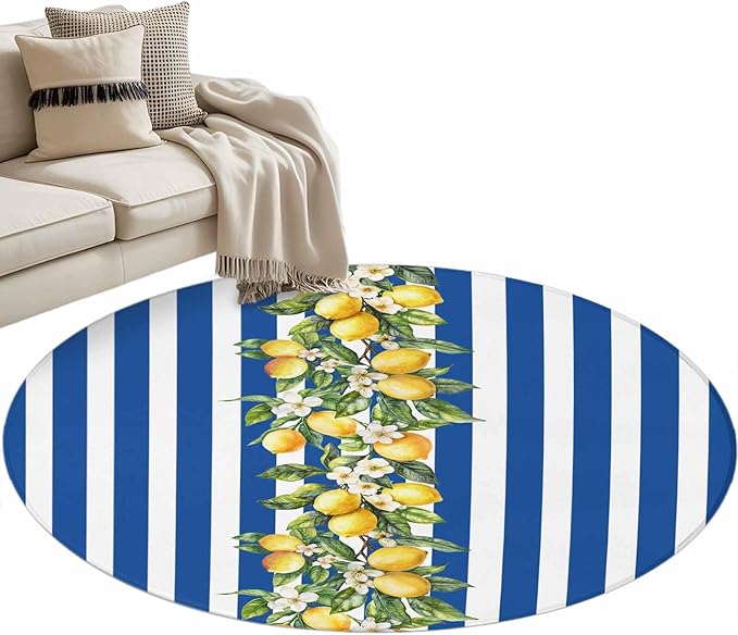 Washable Round Area Rug Summer Lemon Green Leaves Watercolor Circle Rugs Floor Carpet for Living Room Bedroom, Blue Stripe Soft Non Slip Round Rug 4ft
