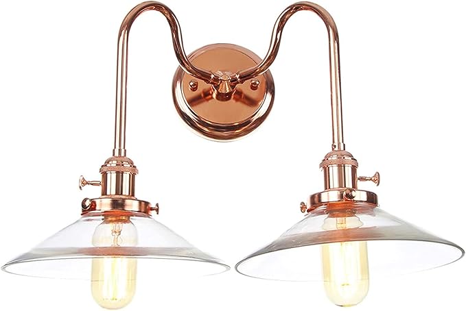 Wall Lamps with Switch, 2-Lights Rose Gold Bathroom Vanity Lights Wall Mounted Lighting Clear Glass Lampshade Wall Sconces(Color:F)