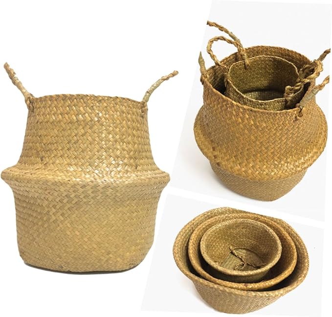 Handmade Foldable Seaweed Storage Basket Woven Decorative Basket for Organizing Clothes Toys and Plants Small Yellow