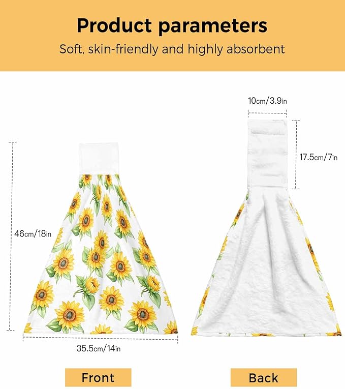 Alandar Home Kitchen Tie Towel Set of 1, Yellow Sunflower Farm Green Plant Absorbent Soft Hand Towels for Bathroom Hanging Towels, Summer Blossom Floral Fast Drying Cleaning Cloth with Loop