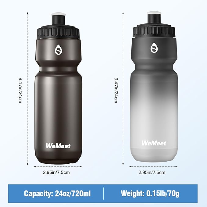 WEMEET Leak Proof Bicycle Water Bottle, 2-Pack Bike Water Bottle, BPA Free, Cycling & Sport Squeeze, with Capacity Scale, for Riding, Gym (Black & Black White, 24oz)
