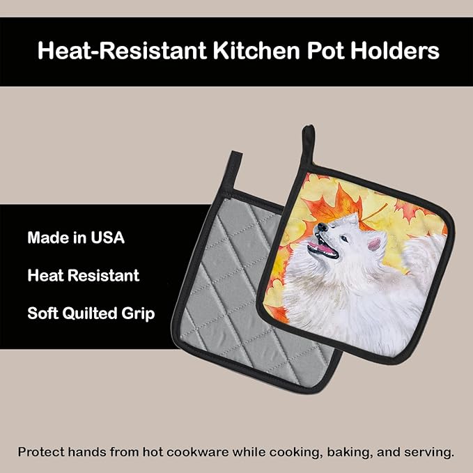 Caroline's Treasures BB9952PTHD Samoyed Fall Pair of Pot Holders, Yellow Kitchen Heat Resistant Pot Holders Sets Oven Hot Pads for Cooking Baking BBQ, 7 1/2 x 7 1/2