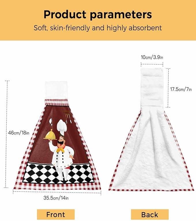 Alandar Home Kitchen Tie Towel Set of 2, Funny Chef Kitchen Tableware Absorbent Soft Hand Towels for Bathroom Hanging Towels, Burgundy Red Black Lattice Fast Drying Cleaning Cloth with Loop