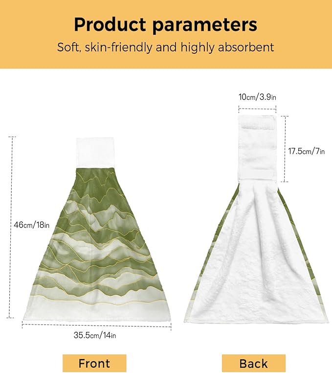 Alandar Home Kitchen Tie Towel Set of 1, Sage Green Waves Watercolor Gradients Absorbent Soft Hand Towels for Bathroom Hanging Towels, Abstract Geometric Fast Drying Cleaning Cloth with Loop