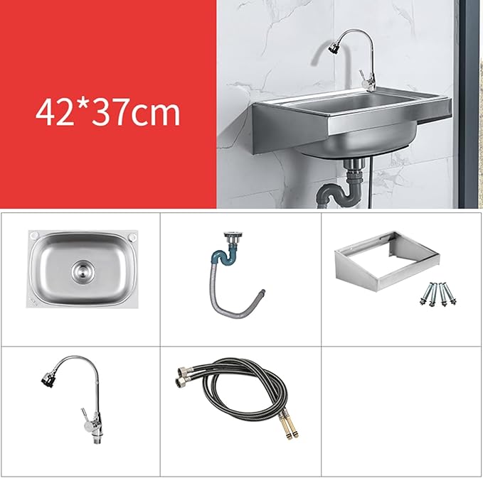 Wall Mounted Commercial Restaurant Sink, Utility Laundry Portable Handwashing Station, Stainless Steel Space Saver Hand Wash Sink with Faucet and Drain, Suitable for,42x37cm-Hot and cold water