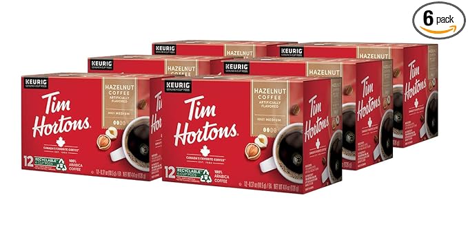 Tim Hortons Hazelnut Flavored, Medium Roast Coffee, Single-Serve K-Cup Pods Compatible with Keurig Brewers, 72ct K-Cups, 6x12ct Boxes, Red