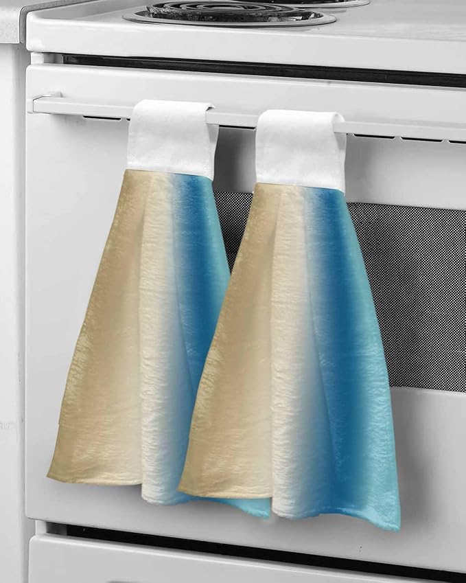 Alandar Home Kitchen Tie Towel Set of 1, Gradient Blue Beige Farmhouse Absorbent Soft Hand Towels for Bathroom Hanging Towels, Modern Watercolor Art Fast Drying Cleaning Cloth with Loop