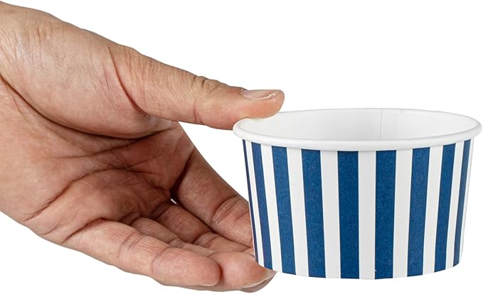 Restaurantware Coppetta 8 Ounce Dessert Cups, 50 Disposable Ice Cream Cups - Lids Sold Separately, Sturdy, Blue And White Paper FroYo Bowls, Striped, For Hot And Cold Foods, Perfect For Gelato