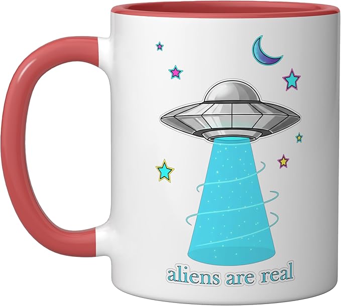 Aliens Are Real Retro UFO Flying Saucer Beam Space Ceramic Mug, Red/White