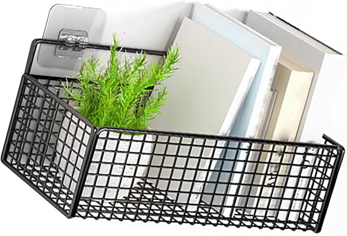 Hanging Wall Basket, Wall Storage Basket for Organizing No Drilling Carbon Steel for Bathroom Living Room Bedroom Kitchen 10.6x5.9x3.5in Black