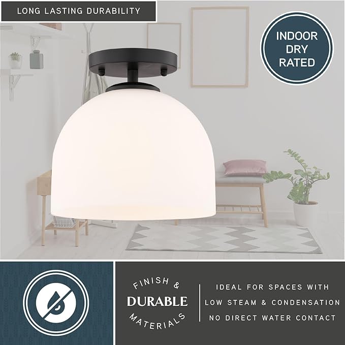 VAXCEL Shelby 1-Light 9.25 in. Wide Matte Black Transitional Dome Semi Flush Mount Lighting Fixture, Frosted White Opal Glass Shade, LED Compatible, for Low Ceilings, Bedroom, Hallway, Kitchen