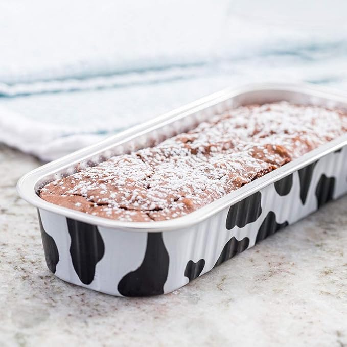 Restaurantware-6.5 x 2.6 x 1.2 Inch Disposable Loaf Pans With Lids, 100 Rectangle Disposable Bread Pans - Dome Lid, Oven-Safe, Cow Print Aluminum Meatloaf Pan, Freezable, For Baking And Serving