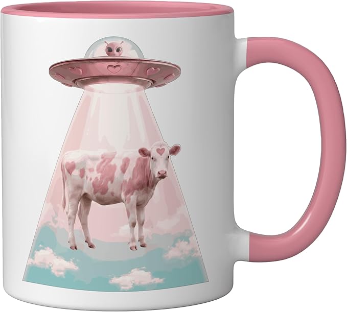 Funy Pink Heart Cow Alien Abduction UFO Space Nerd Ceramic Mug, Pink/White