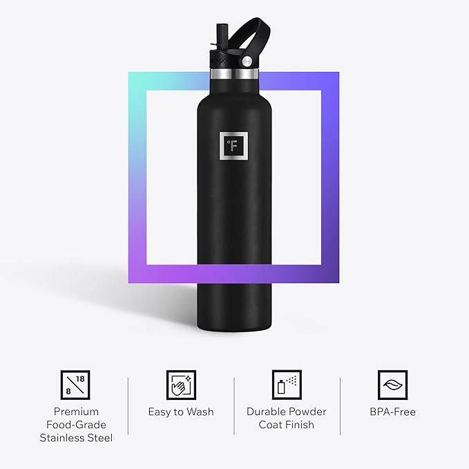 IRON °FLASK Camping & Hiking Hydration Flask with Straw, Narrow Mouth Insulated Stainless Steel Sports Water Bottle - Blue Waves 24 oz - Straw (1 Lid)