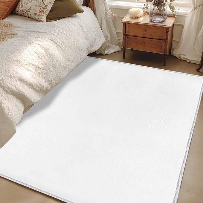 Area Rug 3x5ft, Pure White Washable Rugs for Living Room Bedroom, Monochrome Plain Single Bright Color Soft Non-Slip Area Rugs Rectangle Floor Carpet for Dining Room