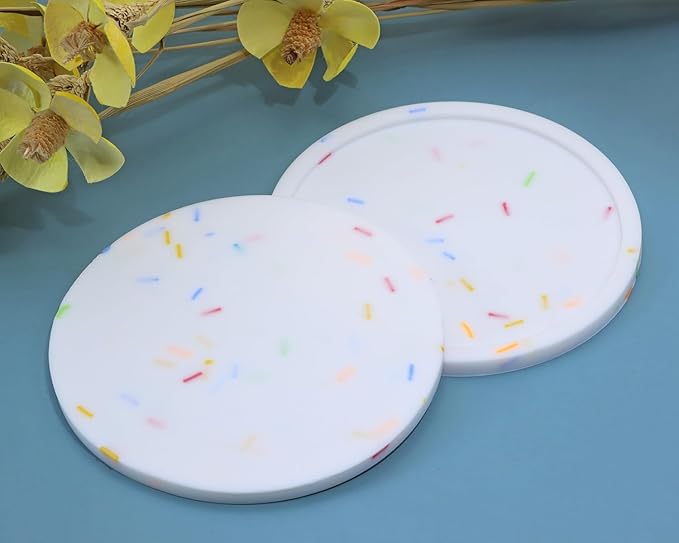 ONLYKXY 3 Pieces 3.93 Inch Silicone Coasters, Round Coasters for Drinks, Beverage Coffee Tea Coaster (White-Colorful Grain)